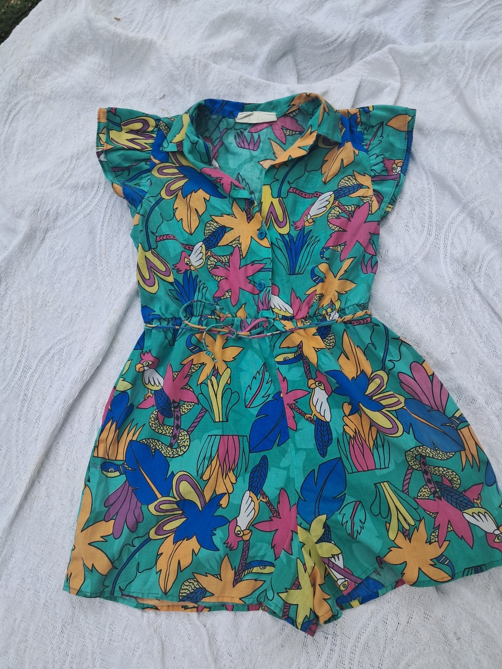 Tropical Floral Teal Romper with Pink & Yellow Accents